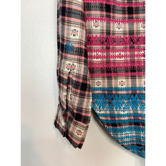 Roller Rabbit Brown Pockets Flannel Top Shirt Aztec Plaid Batik IKAT XS - Picture 9 of 12